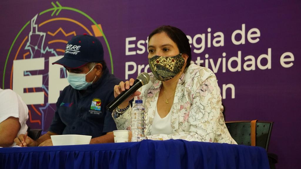 La Directora de la ANT, Myriam Martínez, aparece en compañía de un hombre funcionario de Sucre, sentados en una mesa de conversación. Los dos tienen tapabocas y ella está hablando por un micrófono.