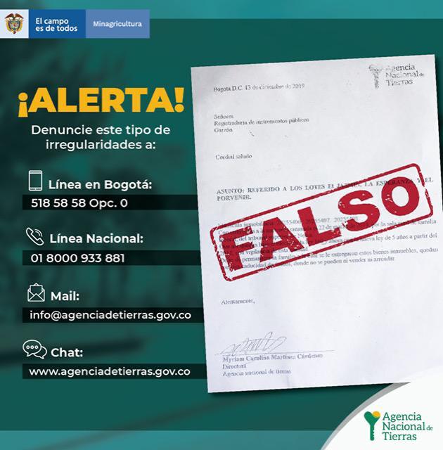 Anuncio de alerta en donde se informa de falsos tramitadores e informa sobre los medios habilitados por la agencia para cualquier gestión y de forma gratuita como: línea telefónica en Bogotá, línea nacional, correo electrónico y el chat.