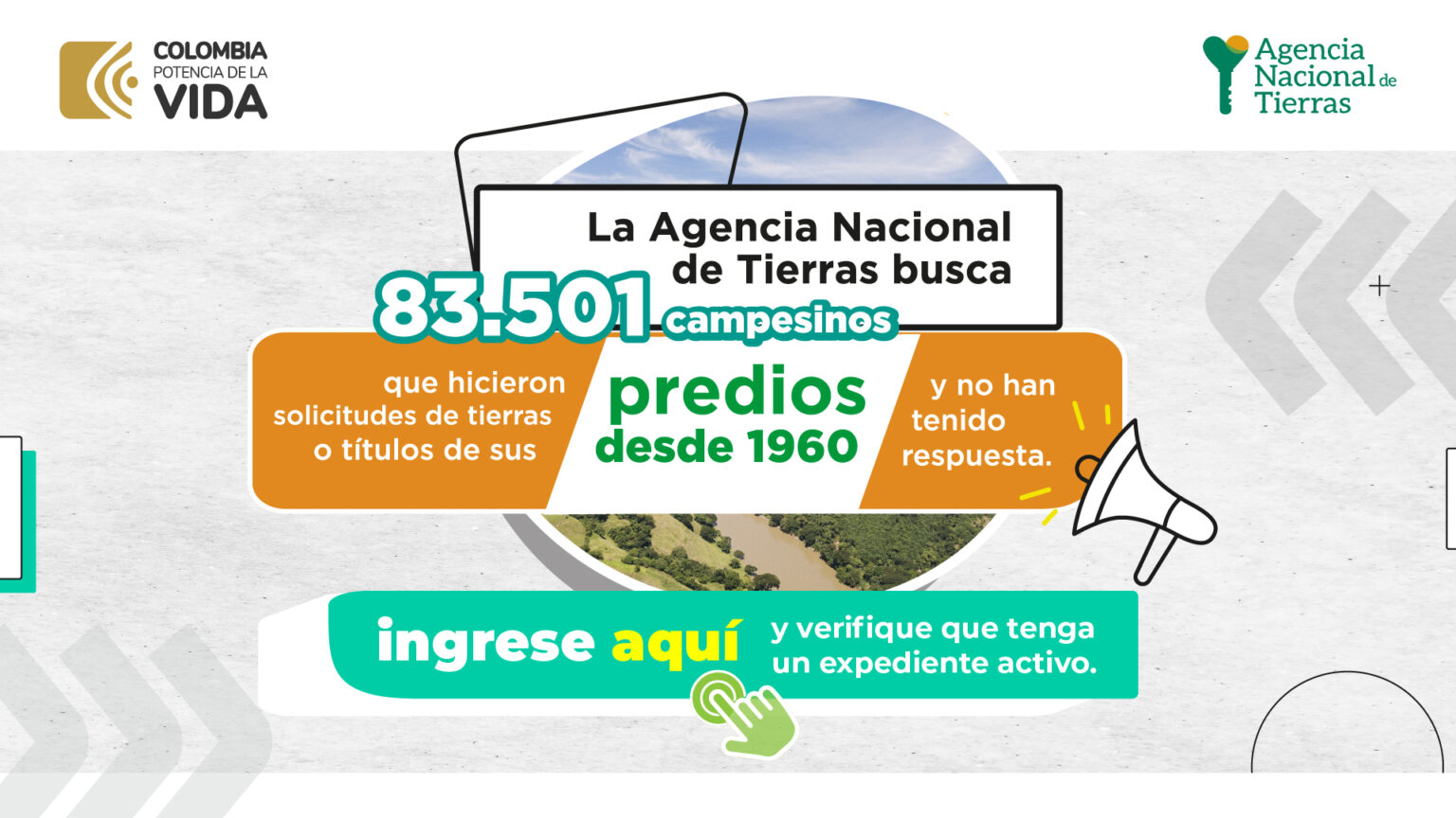 Pieza gráfica que indica que la ANT busca campesinos que hayan hecho solicitud de tierras o títulos de sus predios y no han tenido respuesta.