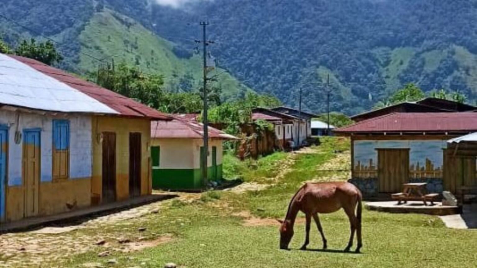Fotografía de un pequeño pueblo donde se ven algunas casas, un caballo comiendo pasto y unas grandes montañas detrás.