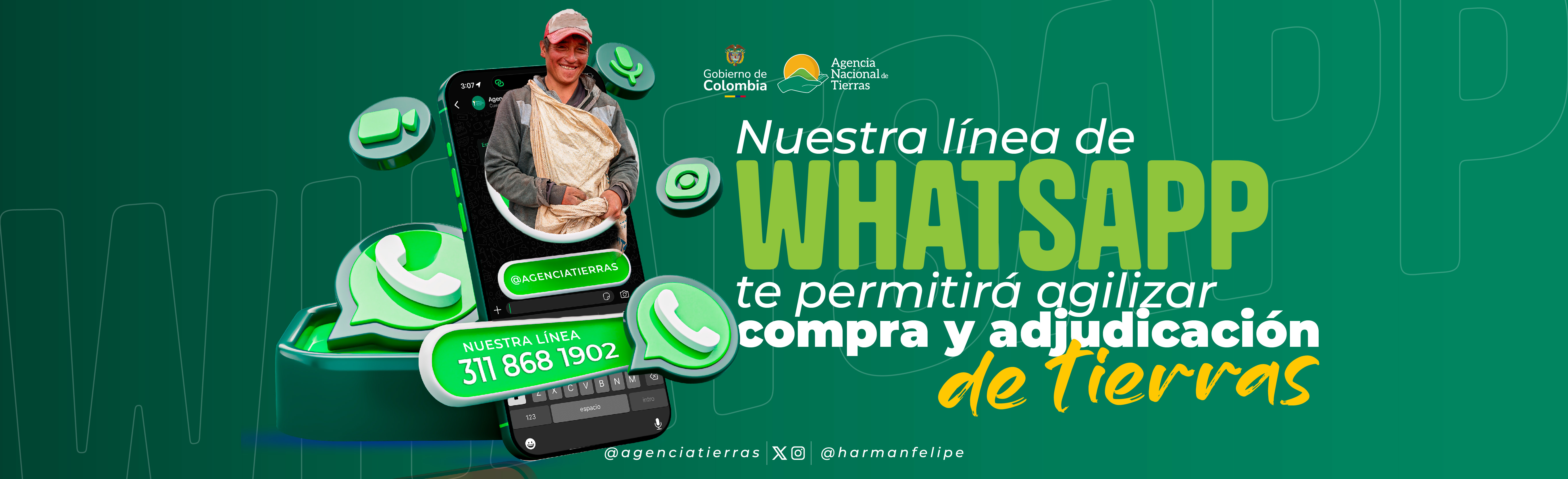 Banner informativo invitando a usar la linea de whatsapp 3118681902 para agilizar la compra y adjudicación de predios