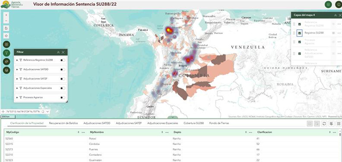 Pantalla de inicio del visor que muestra un mapa de Colombia.