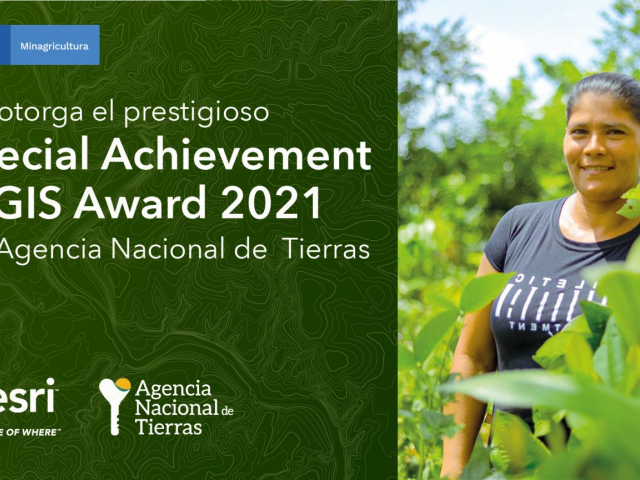 Imagen publicitaria informando que la ANT fue reconocida con el Special Achievement in GIS (SAG) Award, premio otorgado por el Environmental Systems Research Institute – ESRI