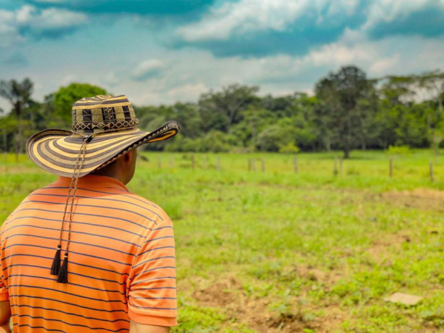 Hombre con sombrero vueltiao de espalda observando un predio