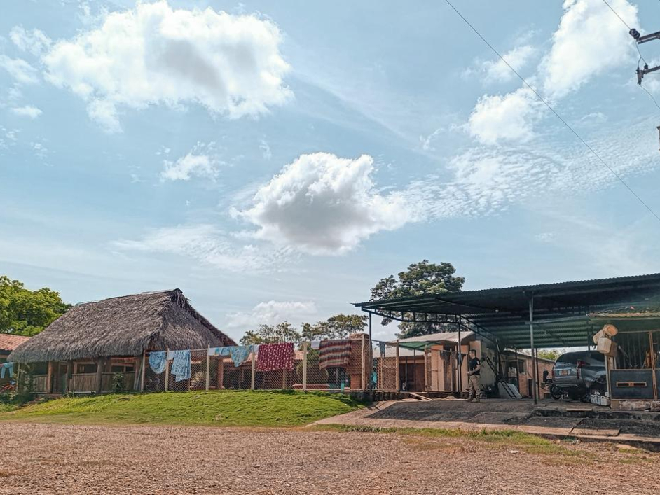 una-casa-con-techo-de-paja-y-un-auto-estacionado-enfrente